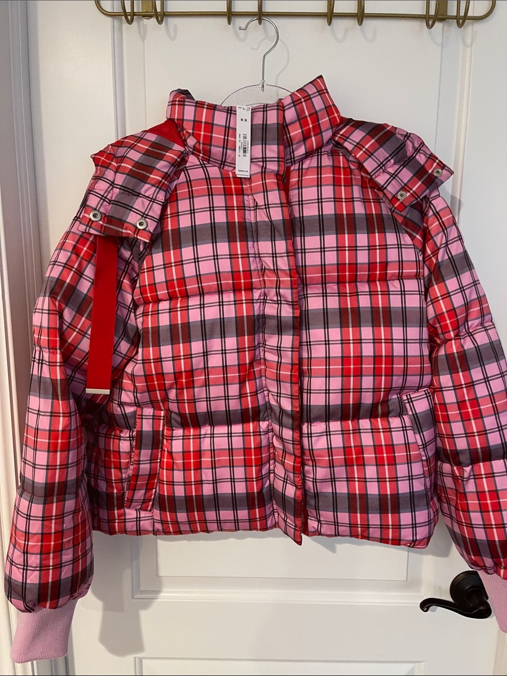 PINK Victoria's Secret Pink and Red Plaid Puffer Jacket